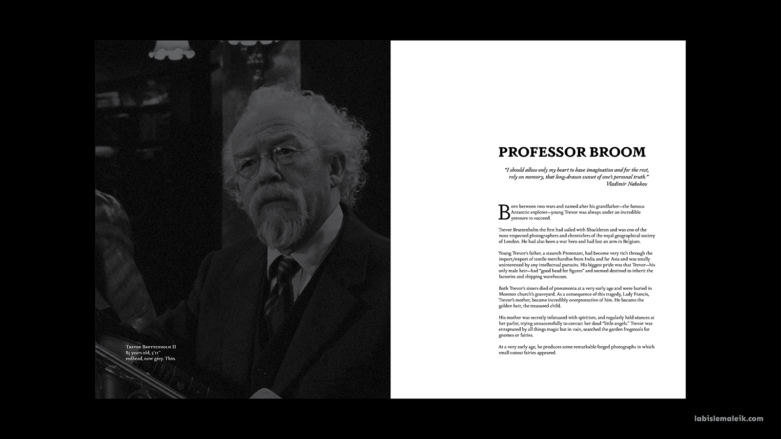Opening spread of Professor Broom's biography