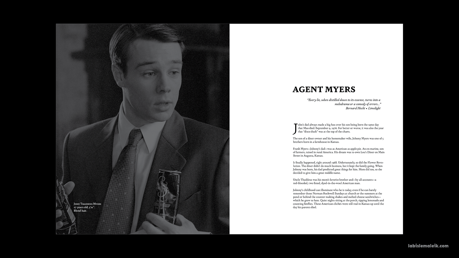 Opening spread of Agent Myer's biography