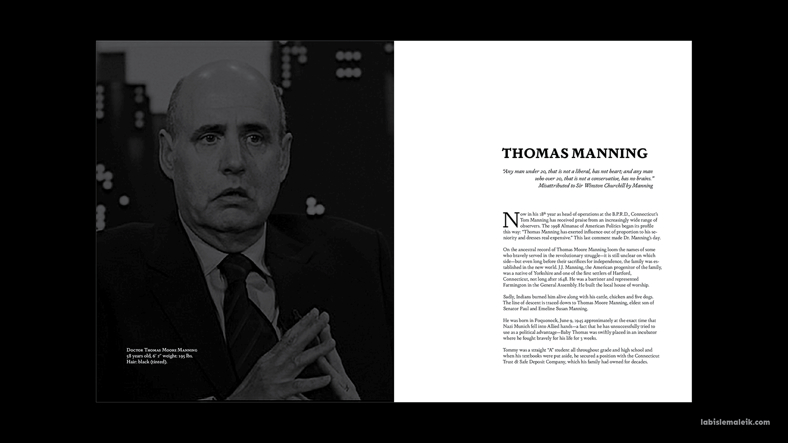 Opening spread of Thomas Mannings's biography