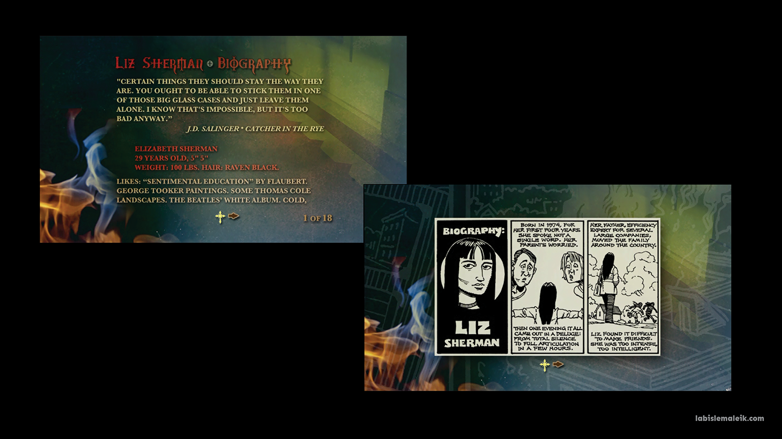 Screenshots of Liz Sherman's character biography from the Hellboy 2004 DVD