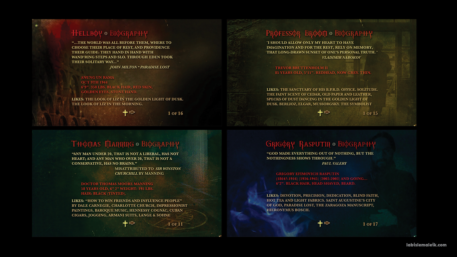 Screenshots of Hellboy's character biography from the Hellboy 2004 DVD