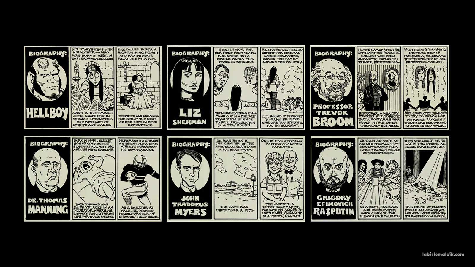 Screenshot of biography comics strips from the Hellboy 2004 DVD