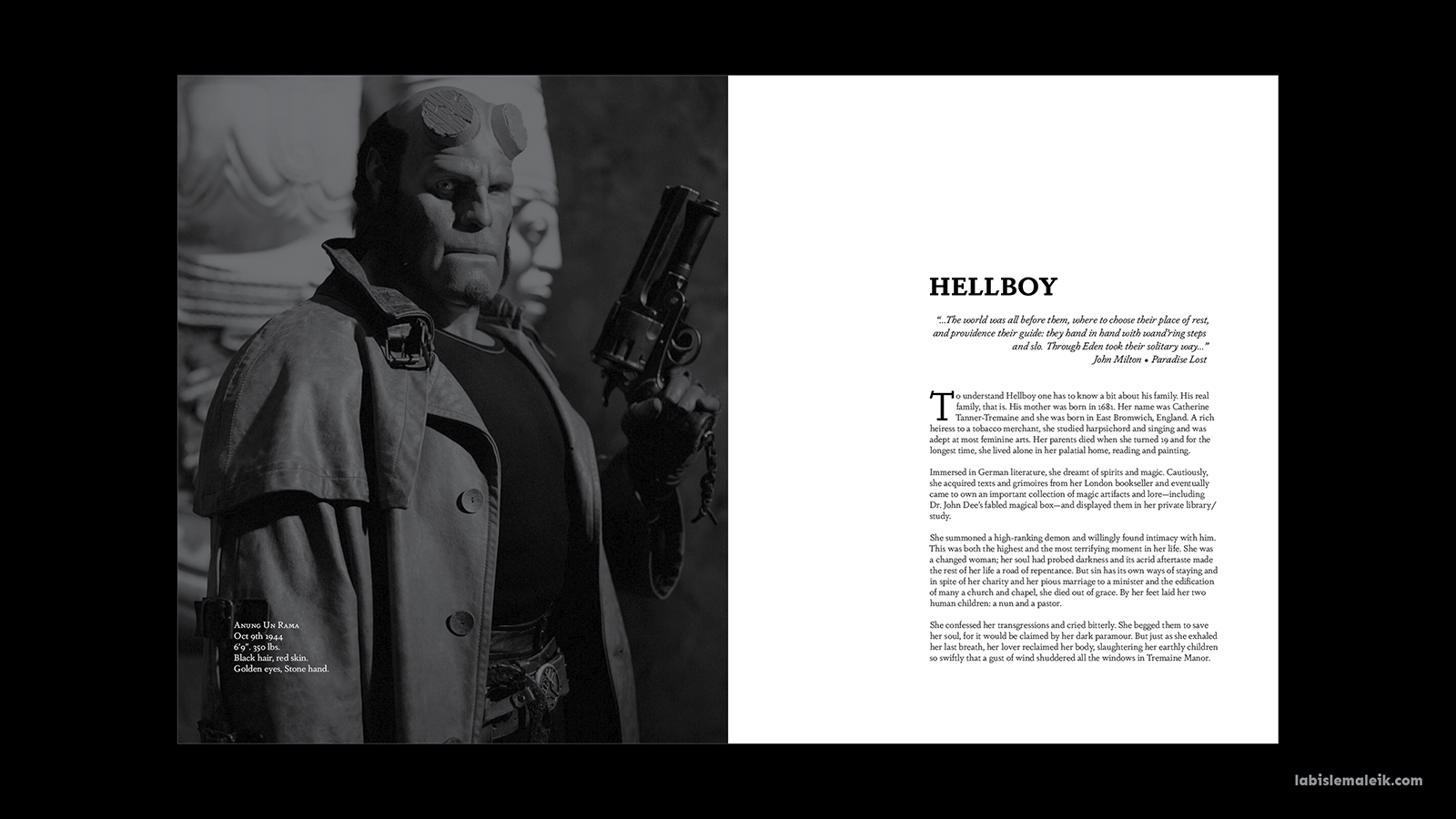 Opening spread of Hellboy's biography