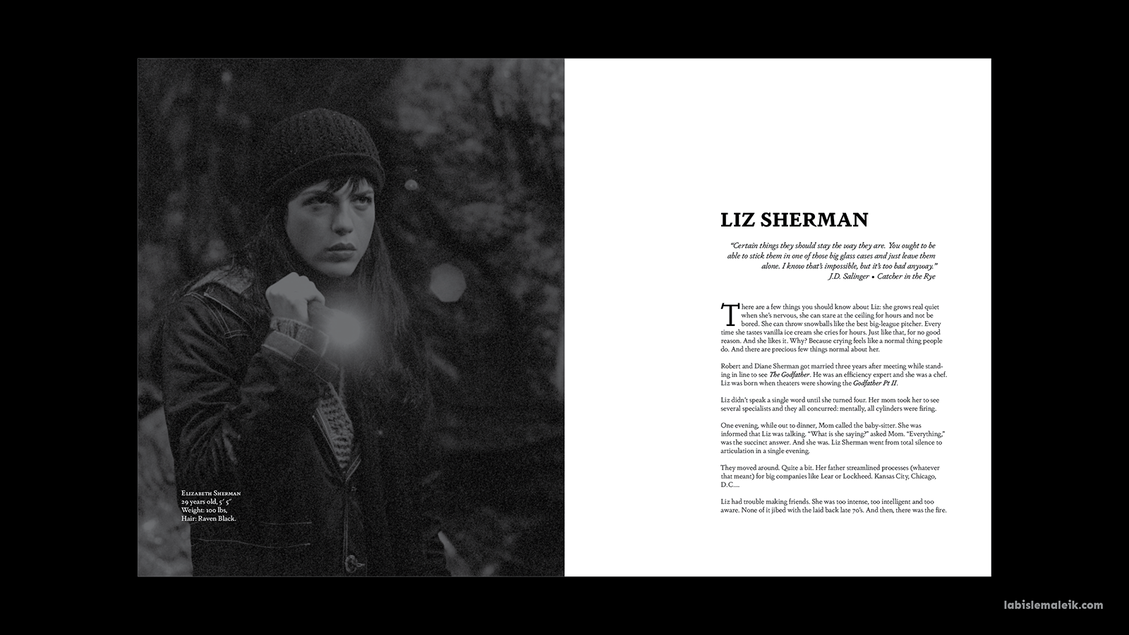 Opening spread of Liz Sherman's biography