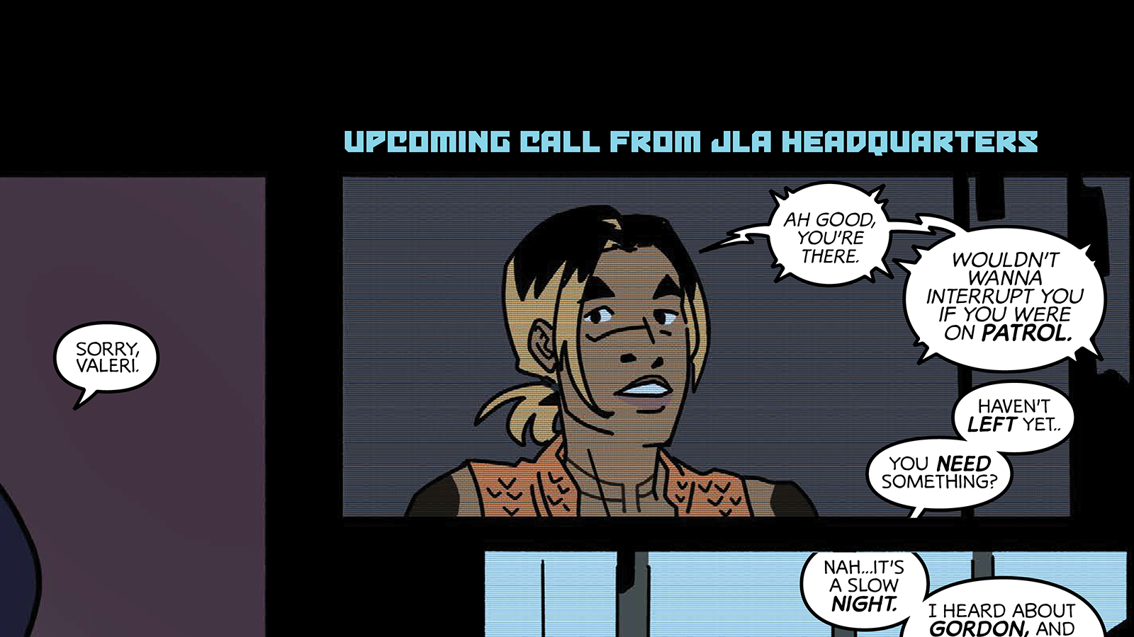 Aquawoman talking over the screen in a comic close-up