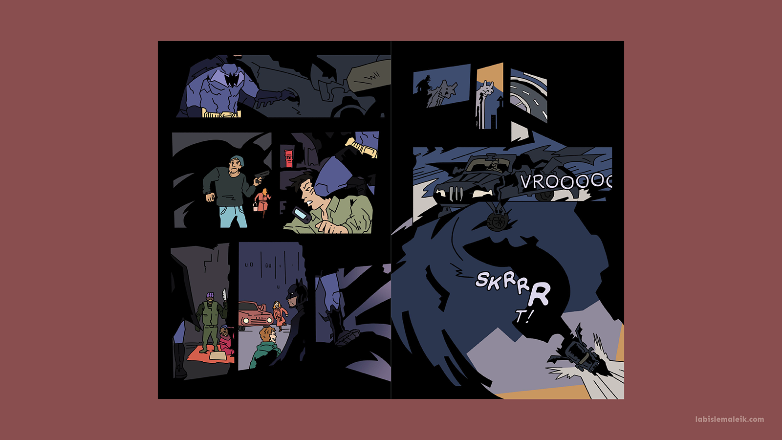 Comic spread of Batman on nightly patrol