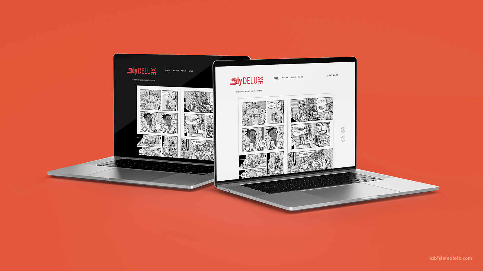 Website homepage design for the webcomic with light and dark modes