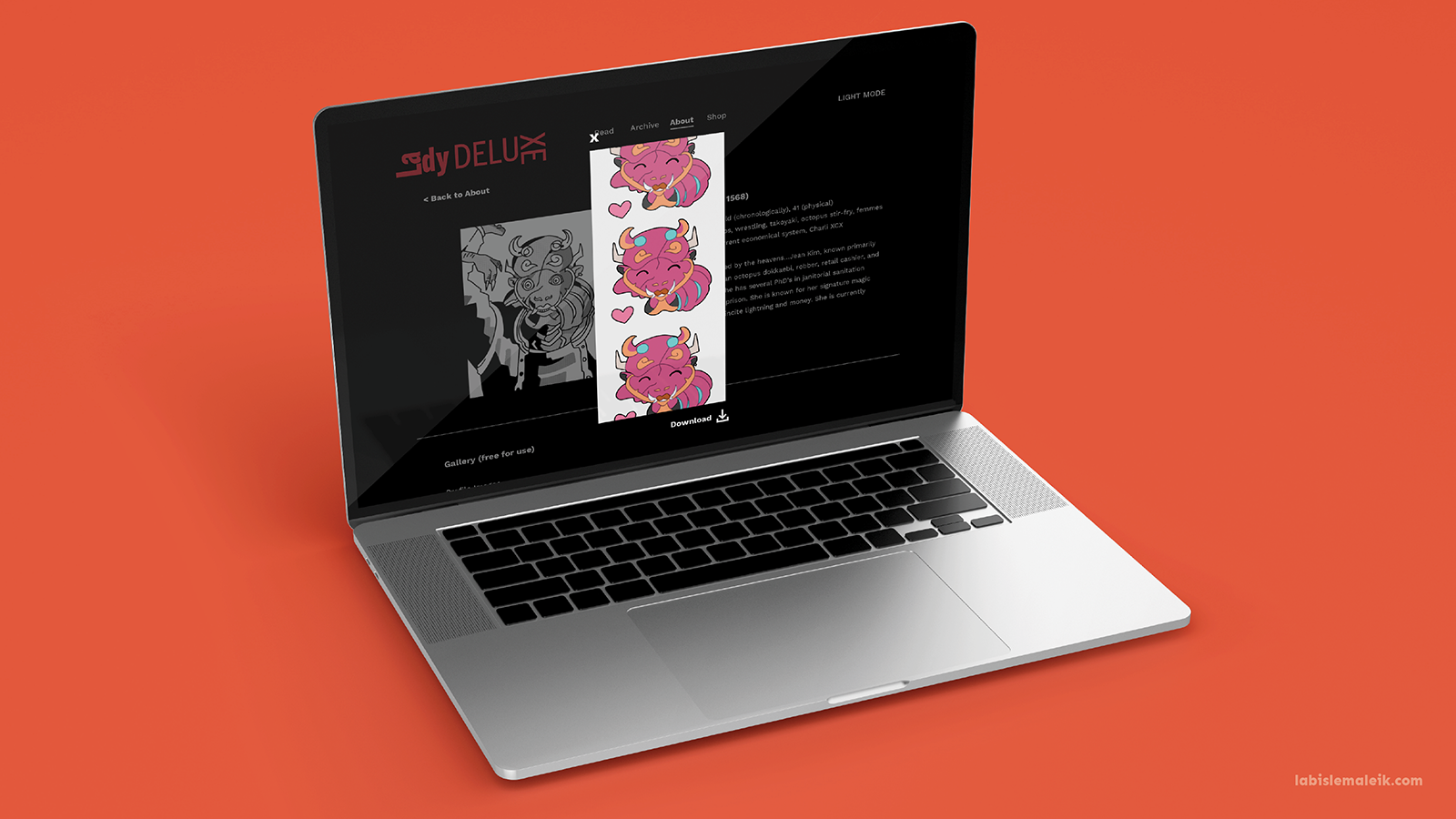 A character biography section with downloadable content
